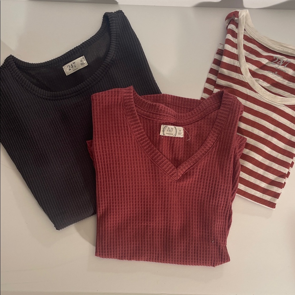 24/7 By Maurice’s  Ribbed and Striped Tops Set Pink, Black, Rust/White Stripe M
